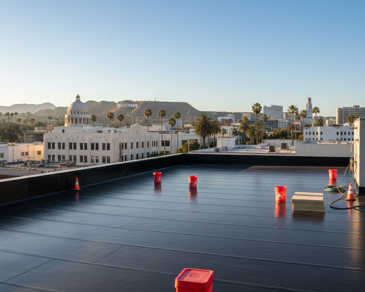 A newly installed flat roof on a commercial building in Hollywood