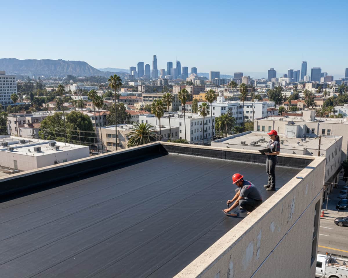 LA Roof Services team working on a commercial flat roof installation in Los Angeles