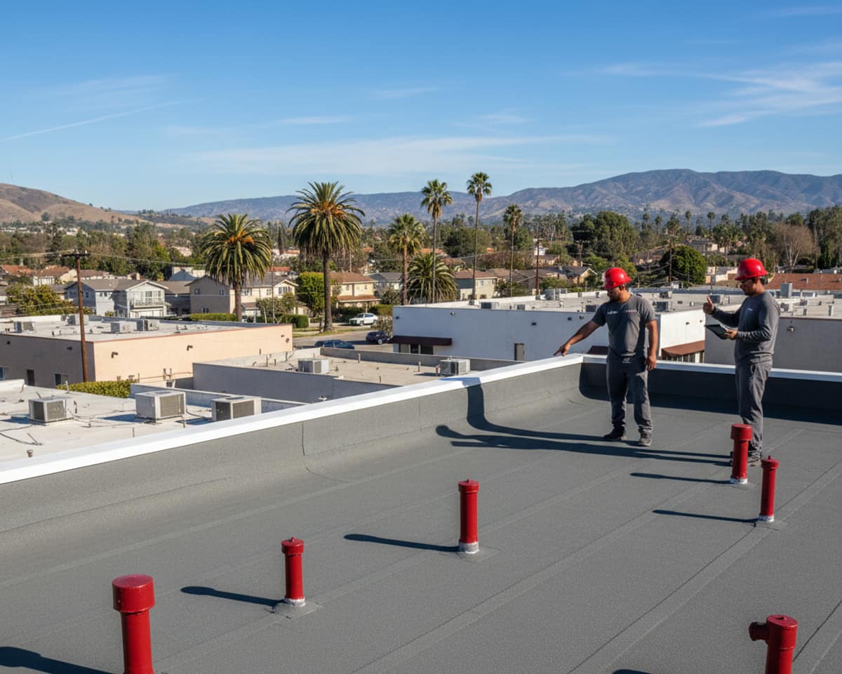 LA Roof Services team member performing a detailed inspection of a flat roof in Montebello with a clear sky