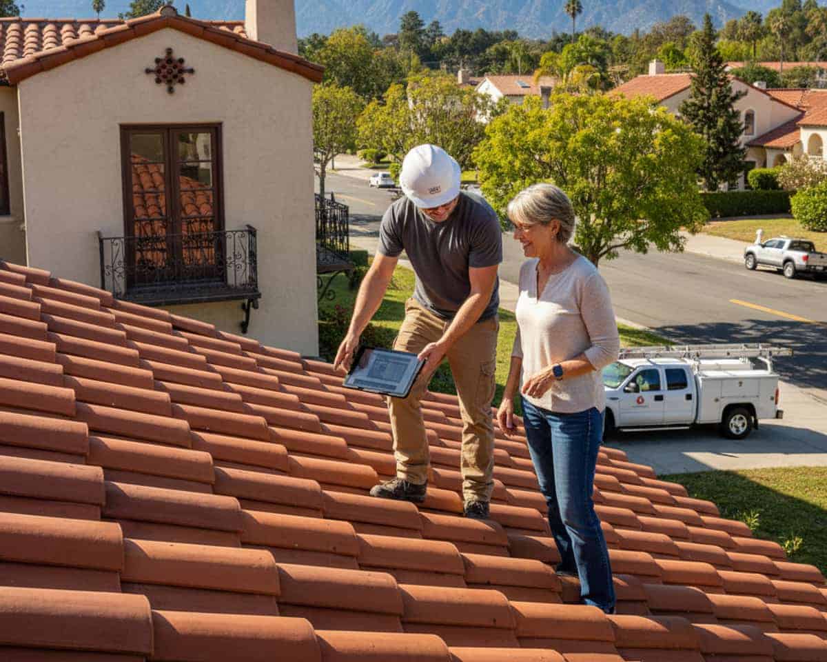 LA Roof Services contractor talking with an Arcadia homeowner about their roof inspection report