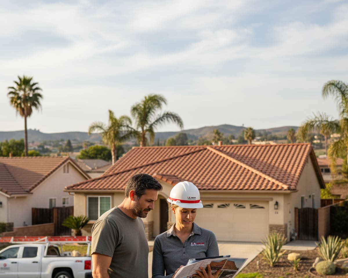 LA Roof Services team member reviewing a detailed roof inspection report with a homeowner in Montebello