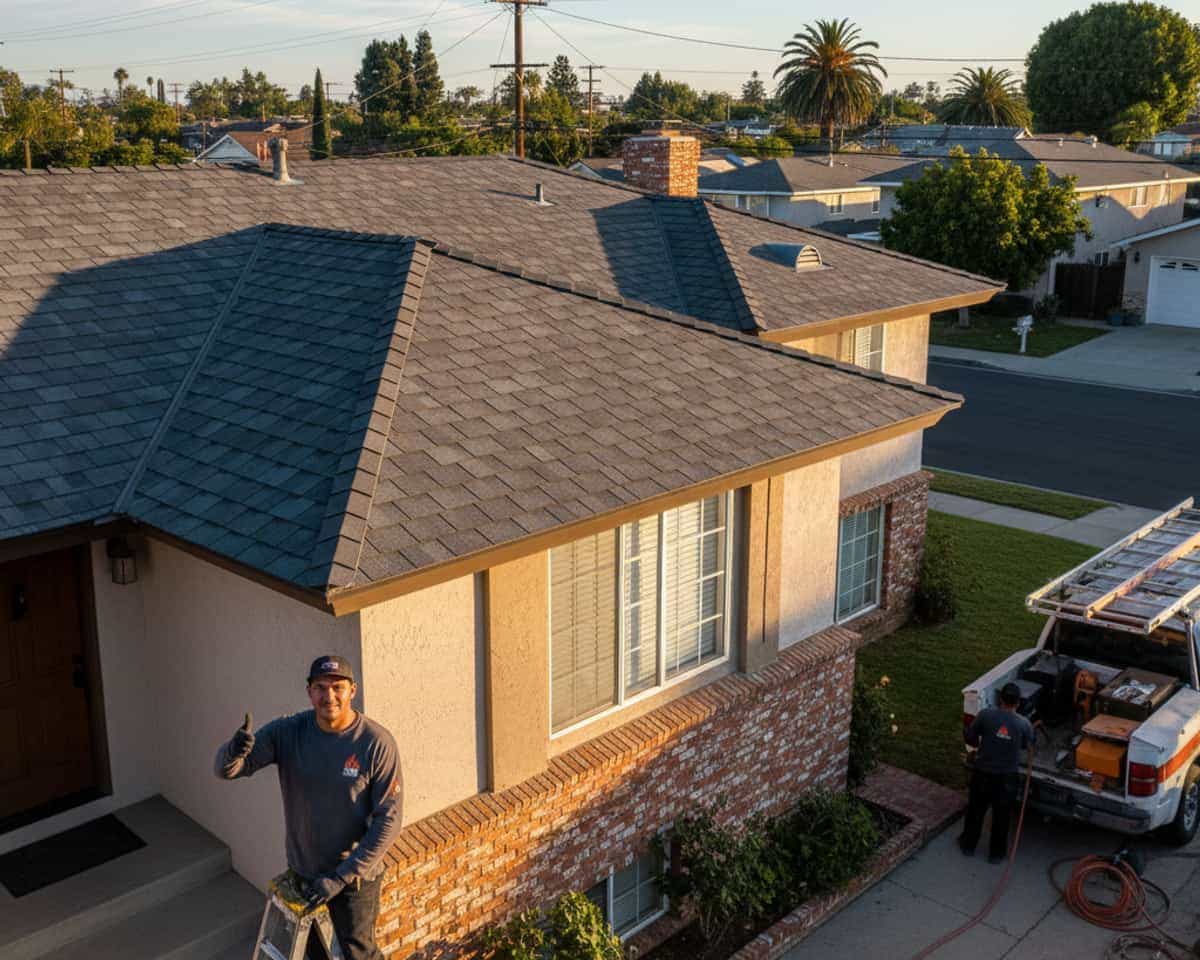 Skilled roofer installing new shingles on a residential roof in Alhambra