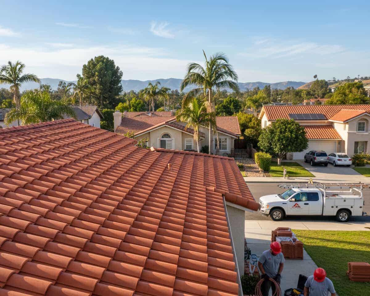 Skilled roofers carefully installing new roof tiles on a Montebello property