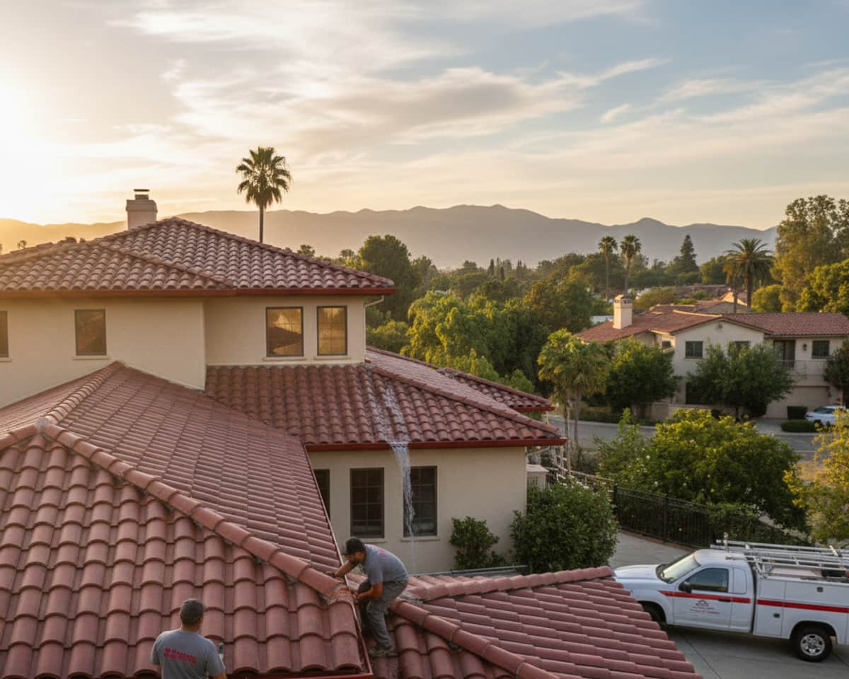 Skilled roofer ensuring proper drainage solutions on a residential roof in Arcadia