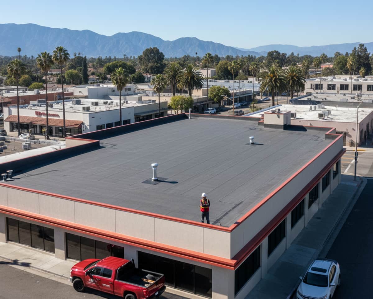 LA Roof Services team member performing a roof inspection on a commercial building in Burbank