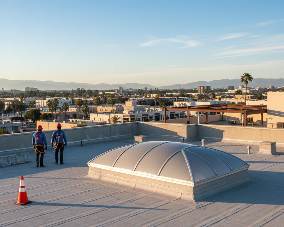 Skylight maintenance on a commercial building roof in Los Angeles