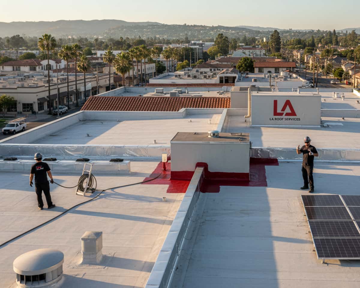 LA Roof Services team completing a preventive maintenance project on a commercial building in Montebello