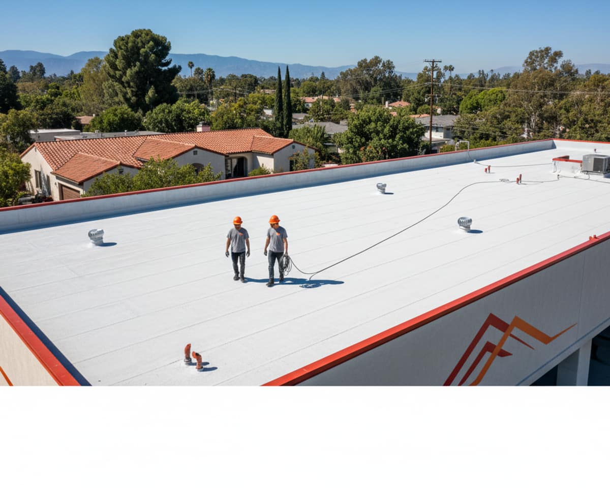 Aerial view of a commercial building roof in Pasadena undergoing preventive maintenance work