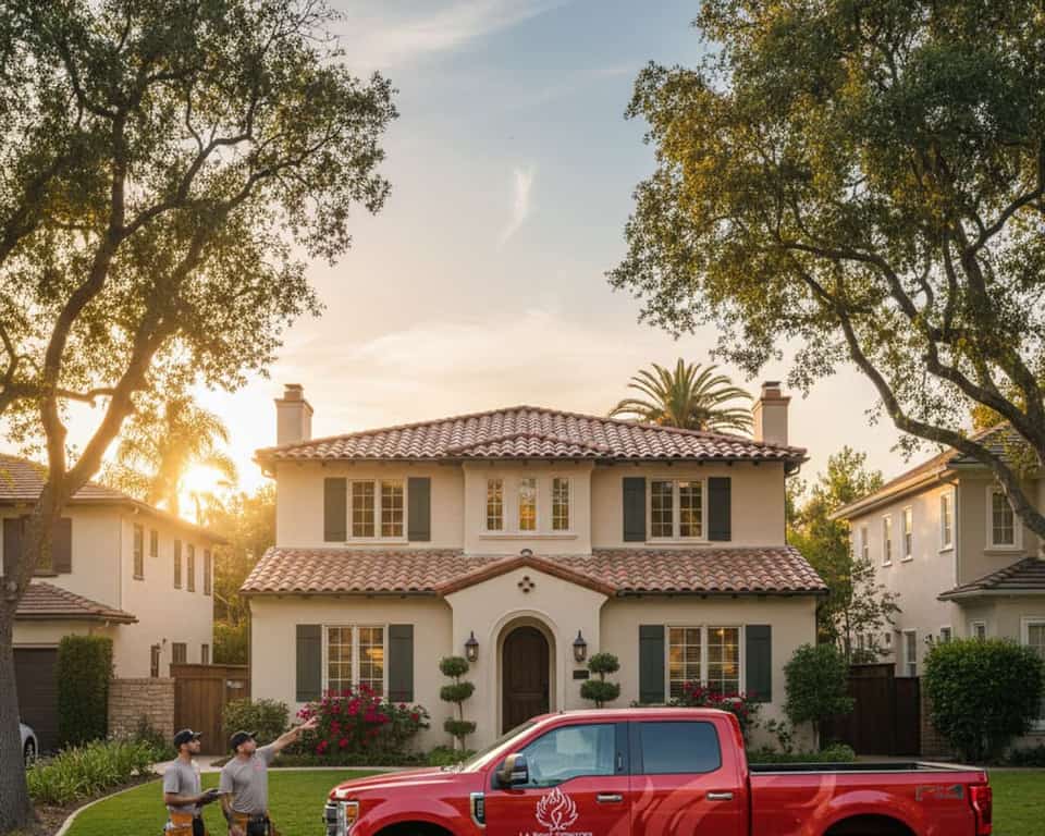 LA Roof Services truck parked in a San Marino neighborhood