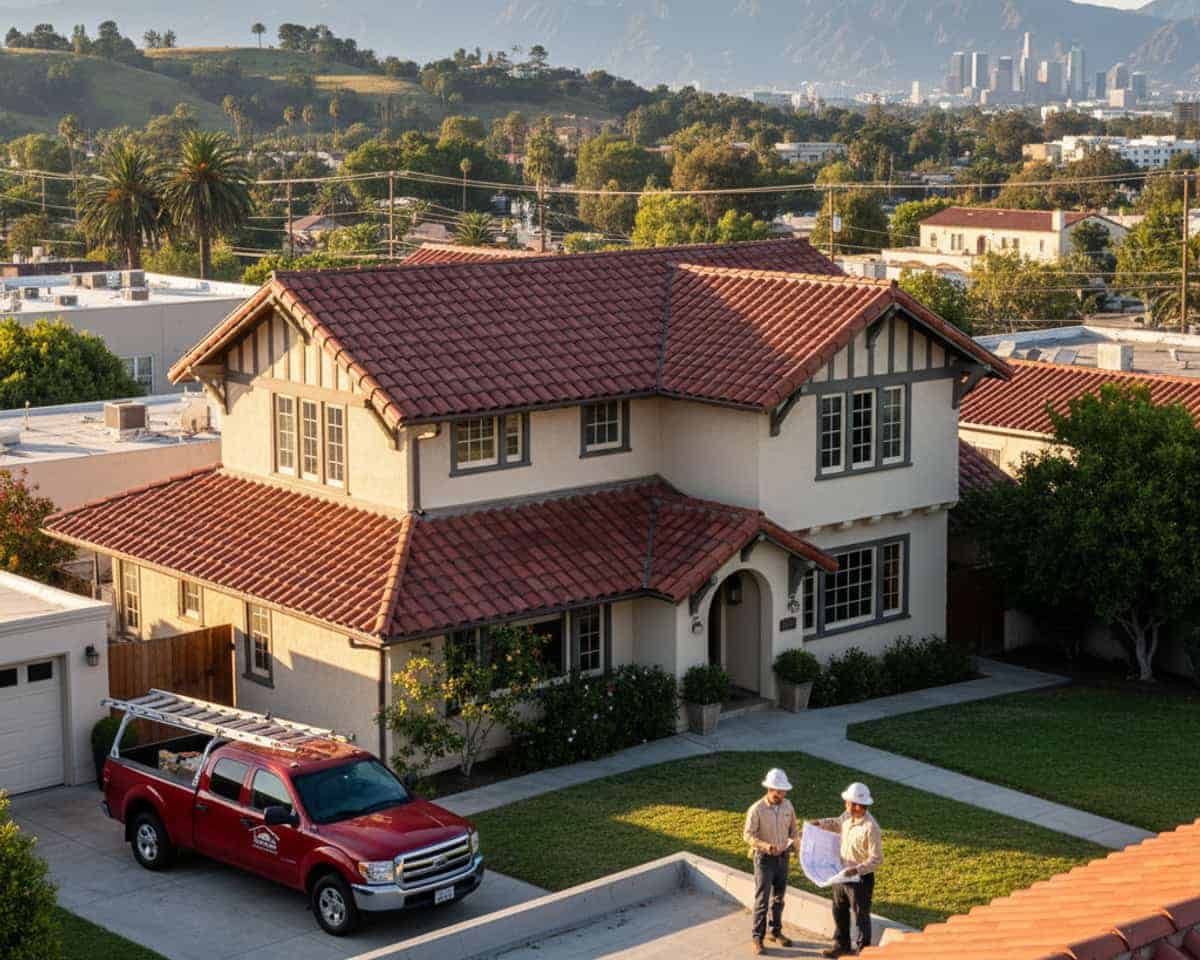 LA Roof Services crew inspecting a roof in Arcadia with a cityscape in the background