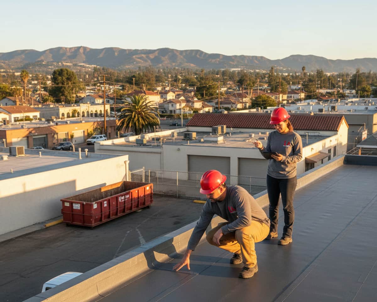 Roofer thoroughly checking the integrity of a new flat roof installation on a commercial building in Montebello