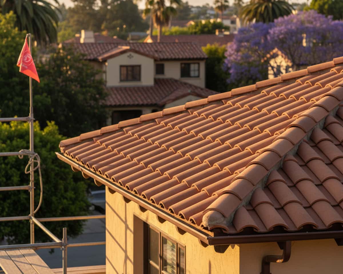 Close-up of a newly installed tile roof in Pasadena, showing intricate craftsmanship