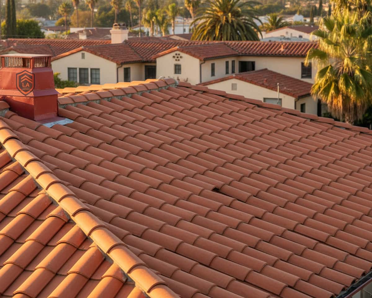 Newly repaired tile roof section on an Alhambra home, showing clean, strong materials.