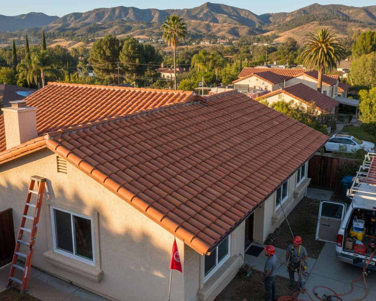 LA Roof Services crew working safely on a roof repair project.