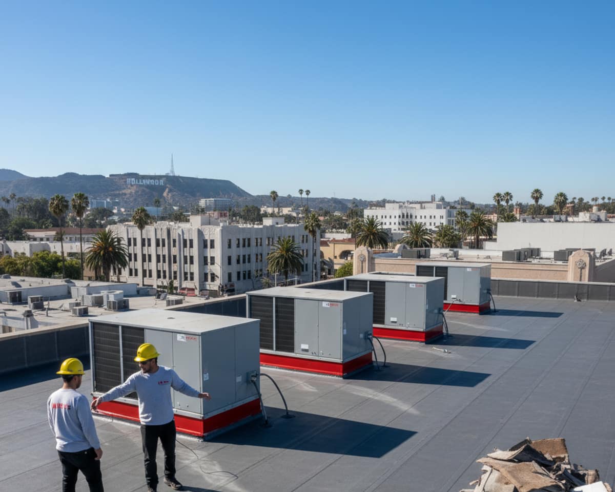 Commercial building in Hollywood with a newly repaired flat roof by LA Roof Services