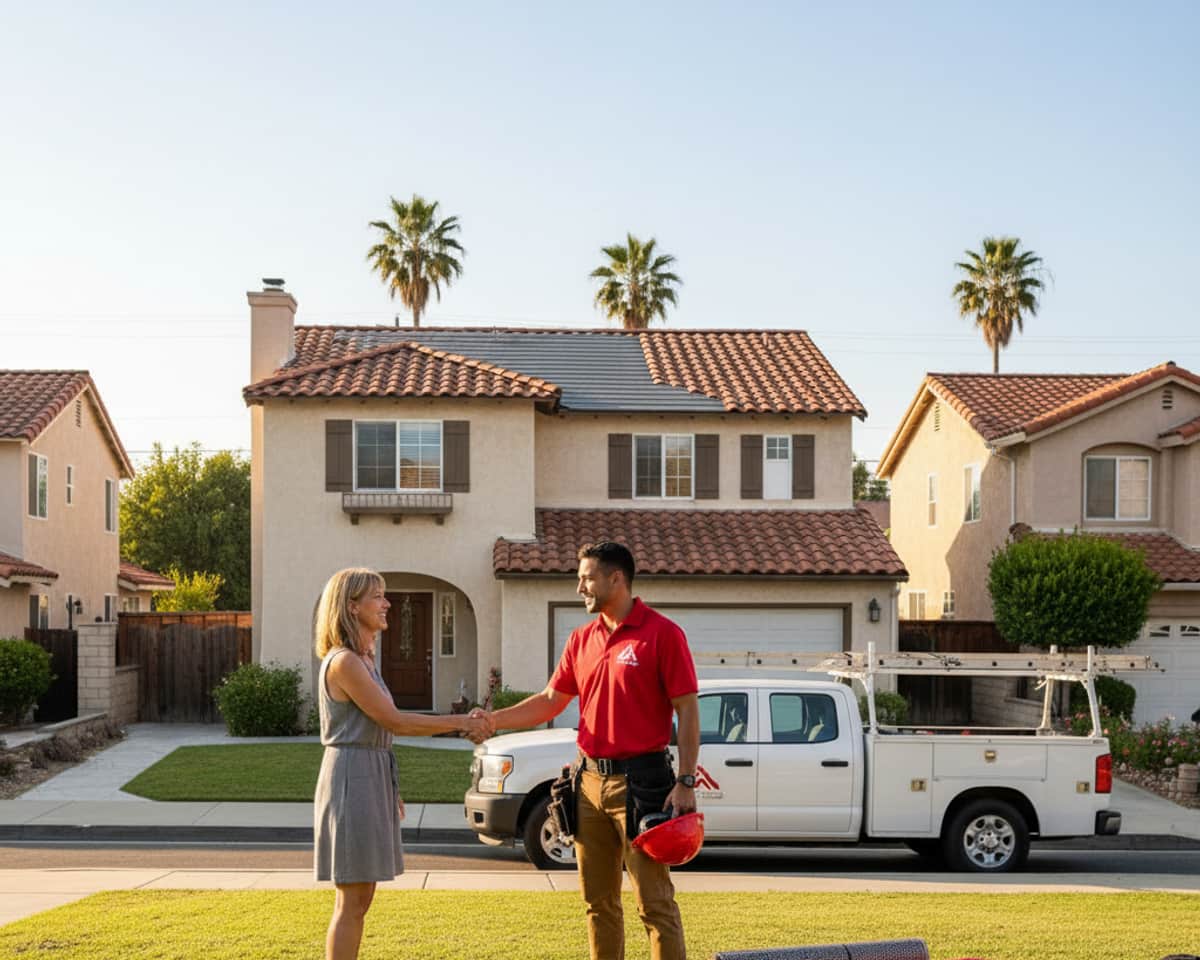 A happy Los Angeles homeowner shaking hands with an LA Roof Services technician after a successful roof repair.
