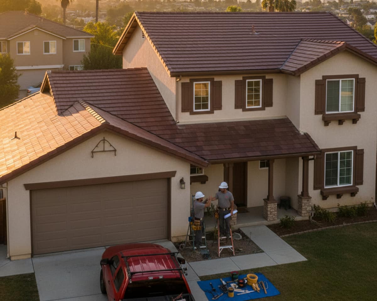 A roofing crew working safely on a shingle roof in Montebello, showcasing professionalism and local presence