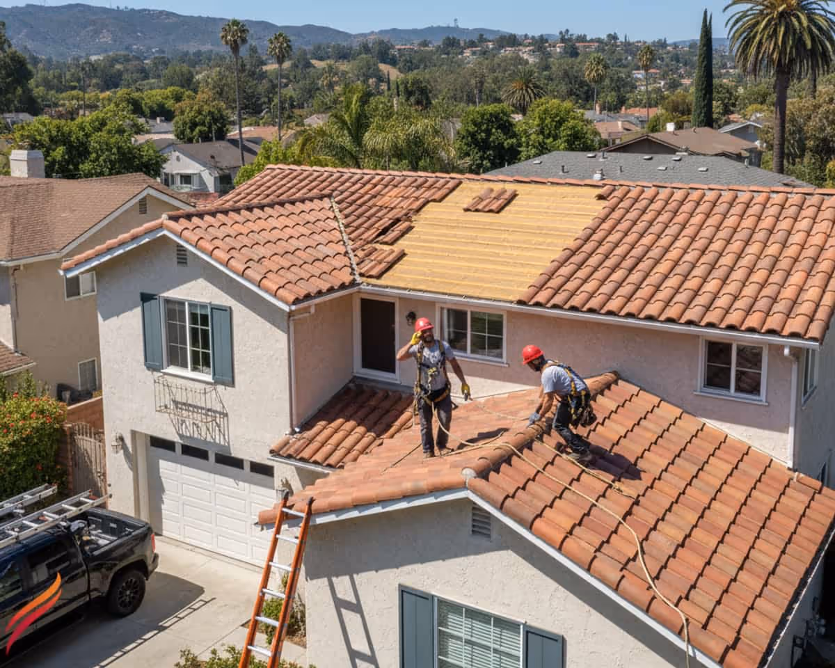 Skilled roofer fixing a section of a tile roof in Pasadena, demonstrating expertise.