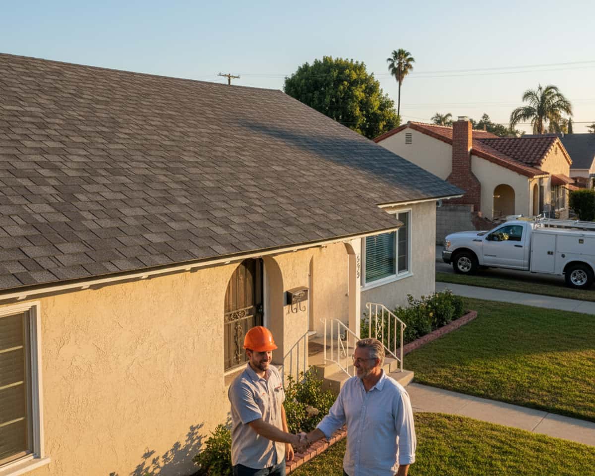 Satisfied homeowner shaking hands with a roofer after shingle roof project in Alhambra