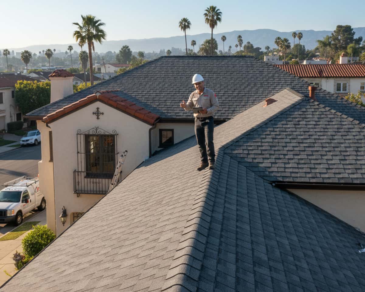 Certified LA Roof Services team member reviewing shingle roof installation.