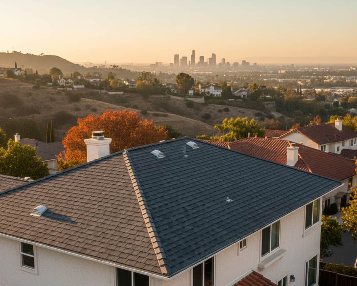 Team of roofers inspecting a shingle roof in Montebello with city skyline in background