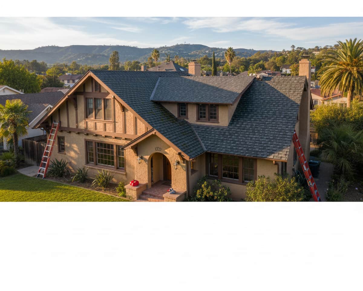 Before and after view of a shingle roof repair project on a Pasadena residence