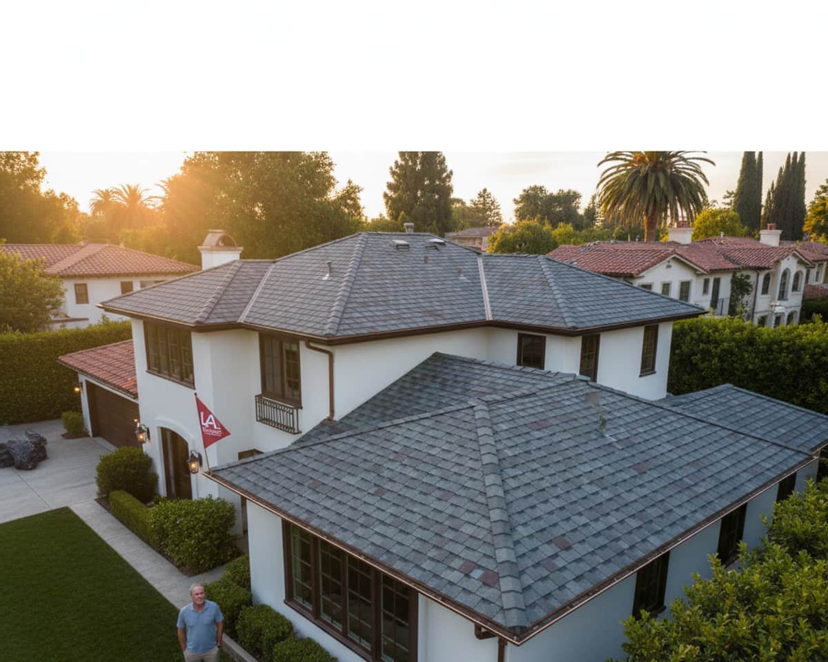 LA Roof Services team member performing a detailed inspection of a shingle roof in San Marino.