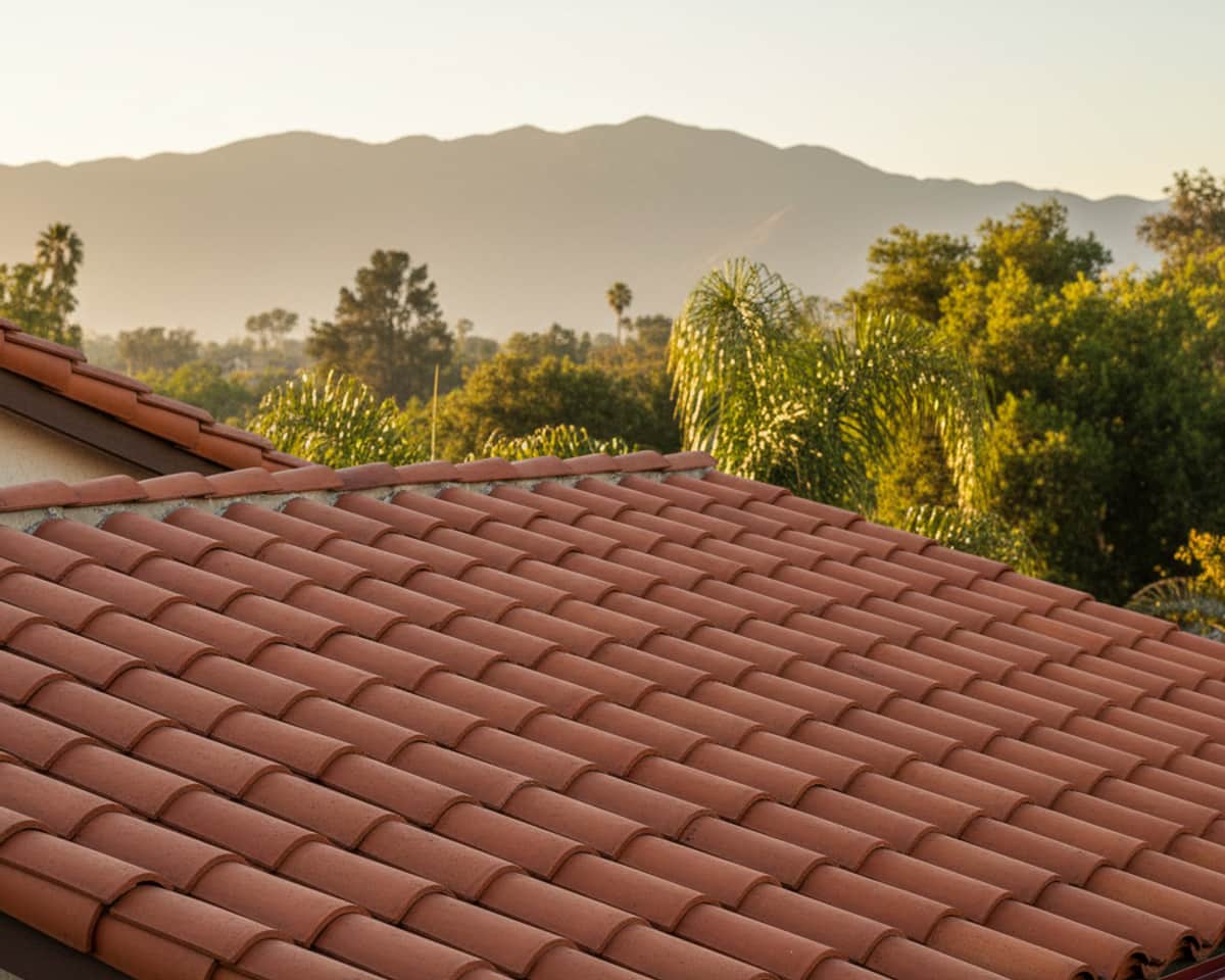 Close-up of newly installed red tile roof showing craftsmanship