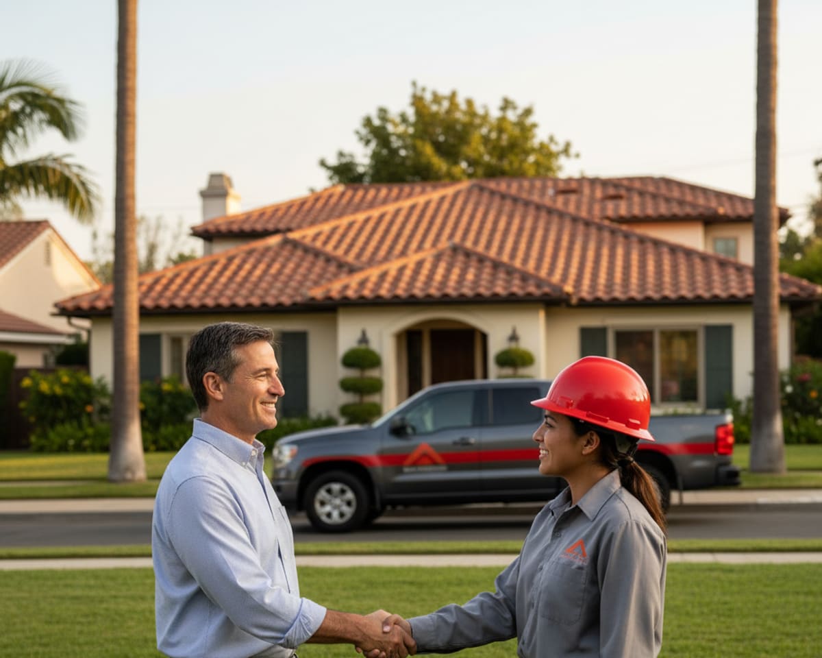 Happy Arcadia homeowner shaking hands with LA Roof Services technician after tile roof completion