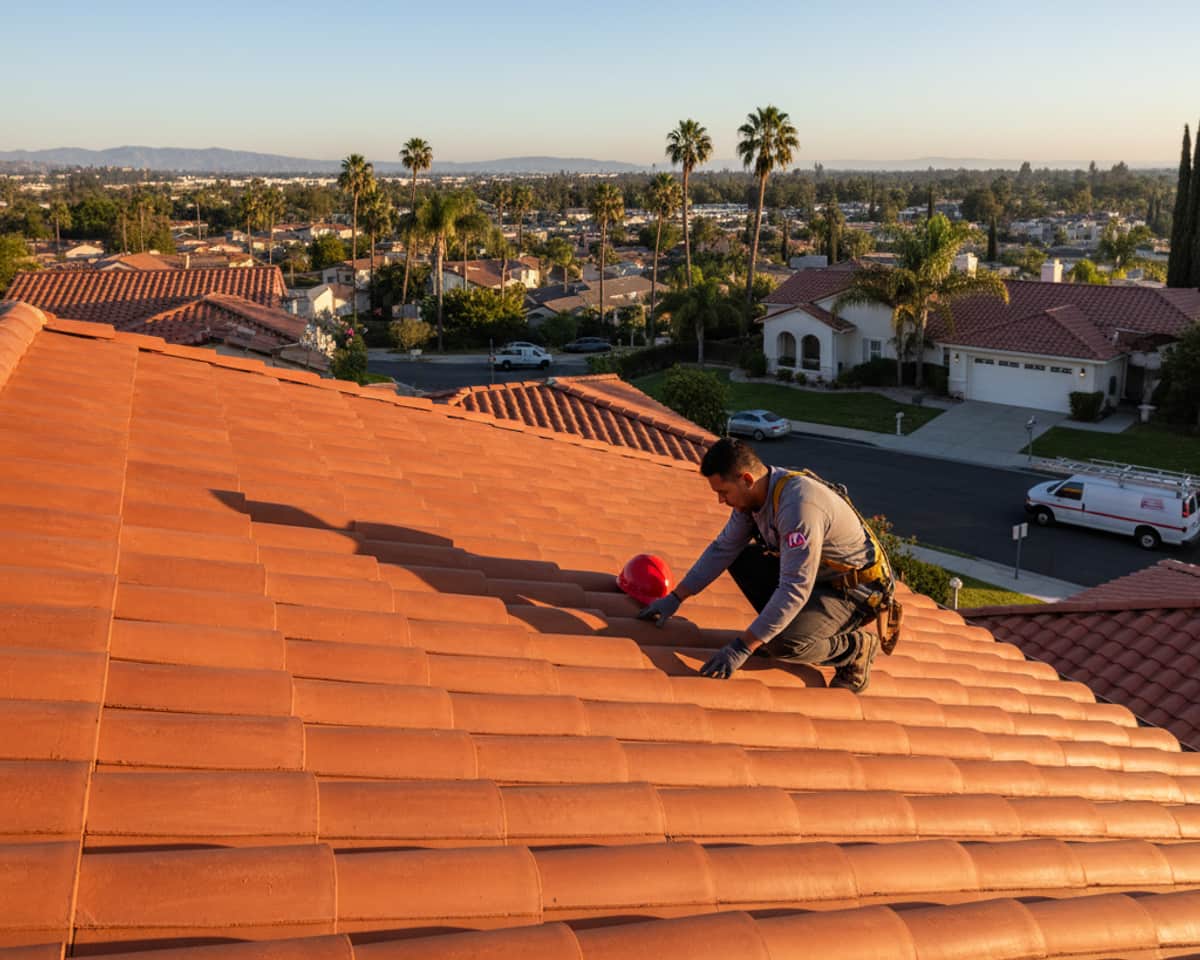 LA Roof Services team member inspecting a tile roof in Glendale
