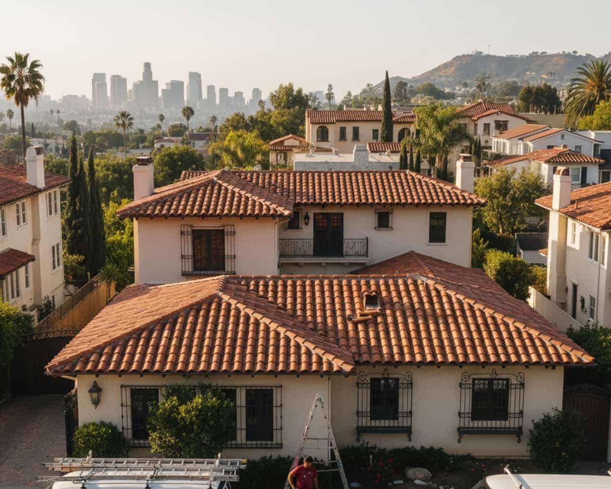 LA Roof Services team completing a tile roof repair project in Hollywood