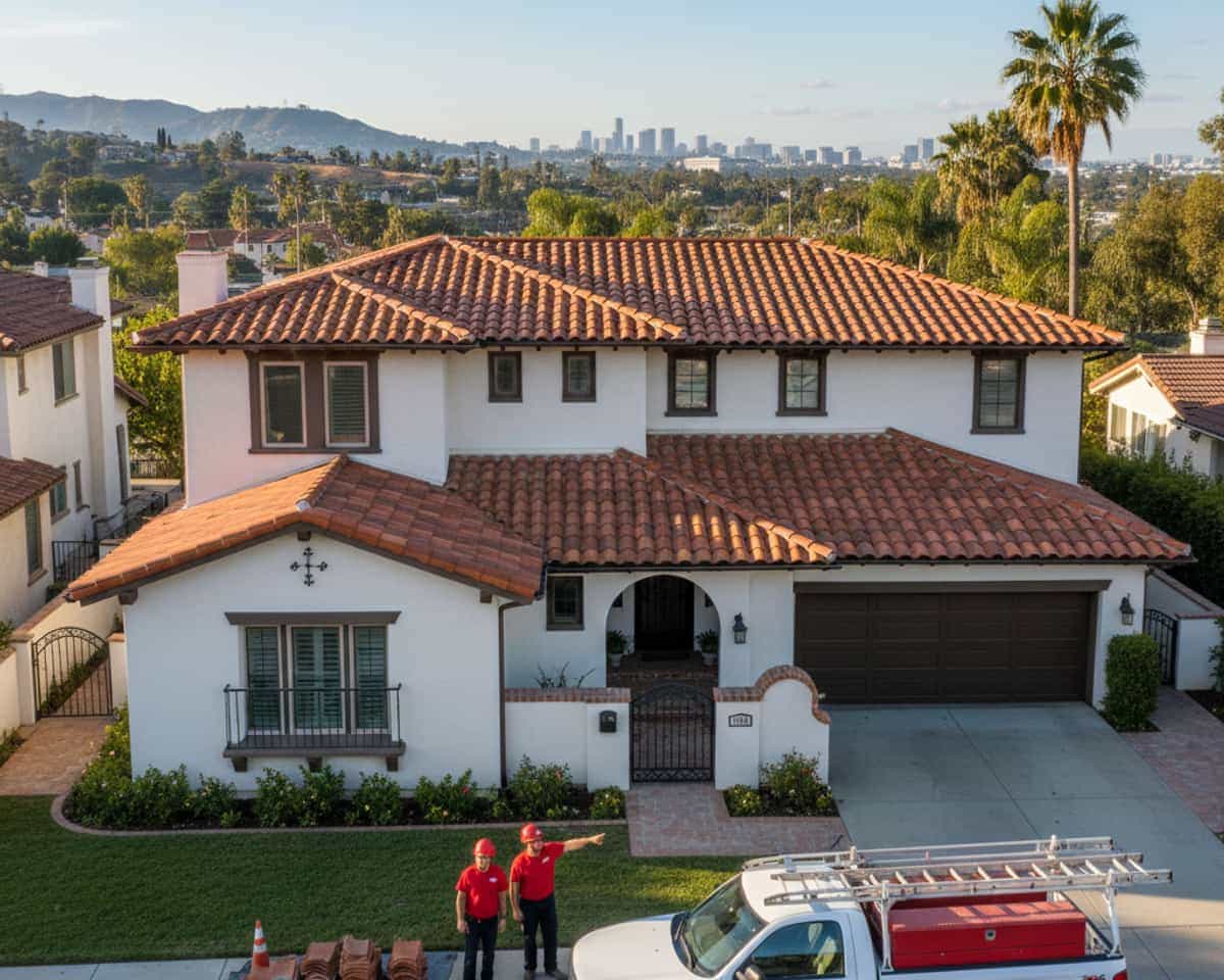 Roofing crew installing tile on a residential property in Montebello