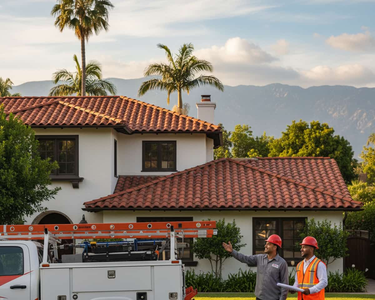 Team of LA Roof Services roofers working on a tile roof project in a Pasadena neighborhood