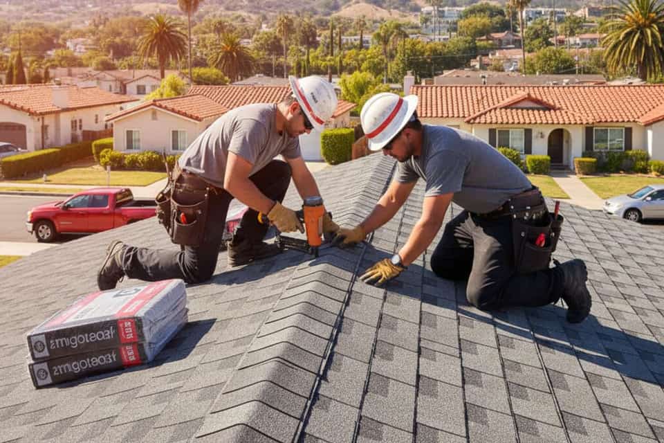 Roofing crew installing new shingles on a residential roof in Los Angeles