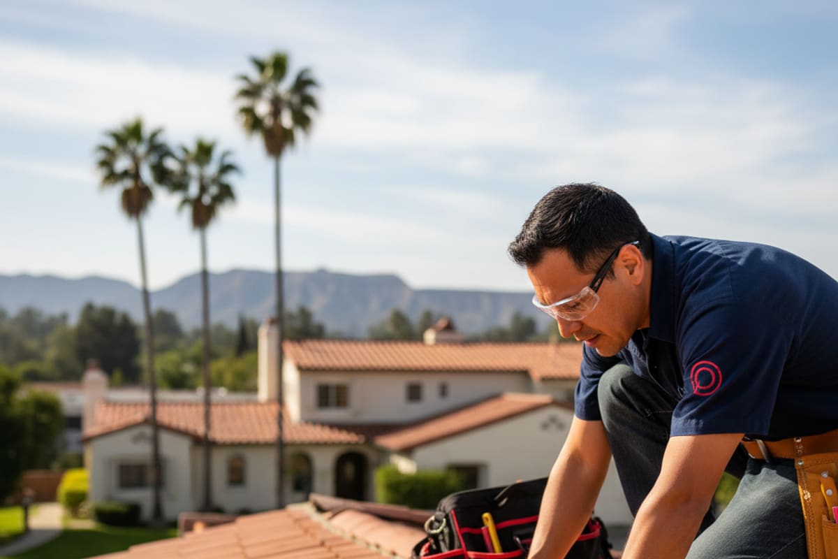 Close-up of a roofer examining shingles during a free roof inspection for signs of wear and tear.