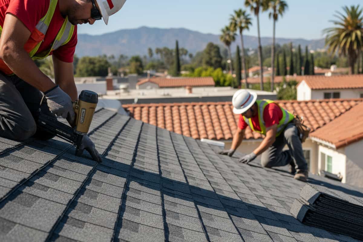 Close-up of newly installed dark asphalt shingles on a residential roof in LA