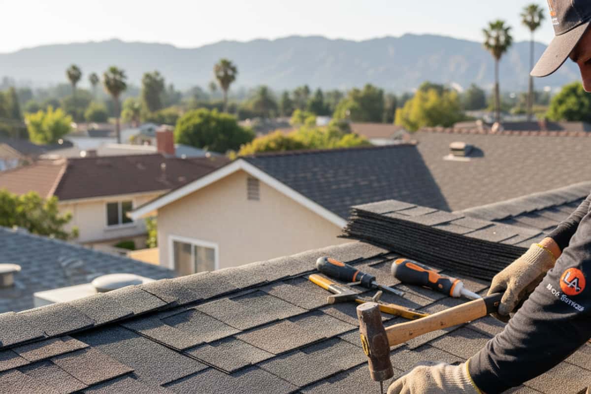 Close-up of a repaired shingle roof section, showing new shingles perfectly matched to the old ones.