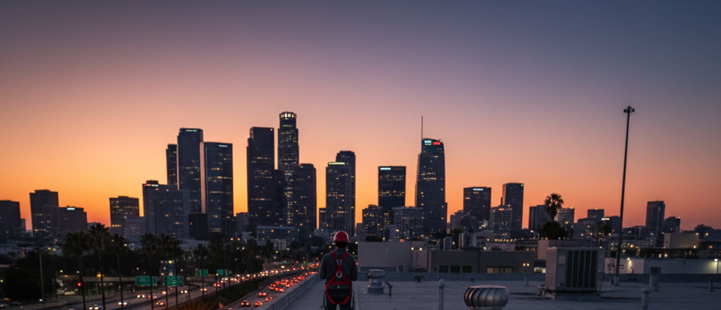 Roof inspector on a commercial building roof performing preventive maintenance in Los Angeles
