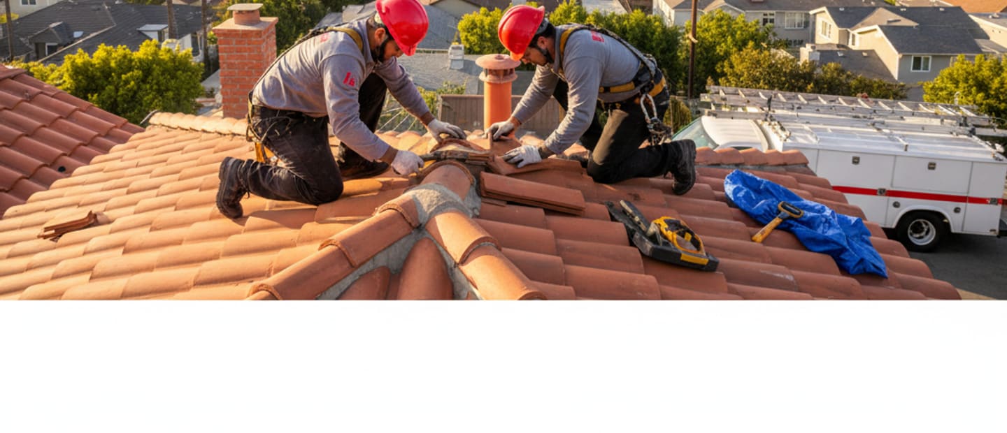 Skilled roofers thoroughly repairing a residential roof with a vibrant Los Angeles neighborhood in the background.