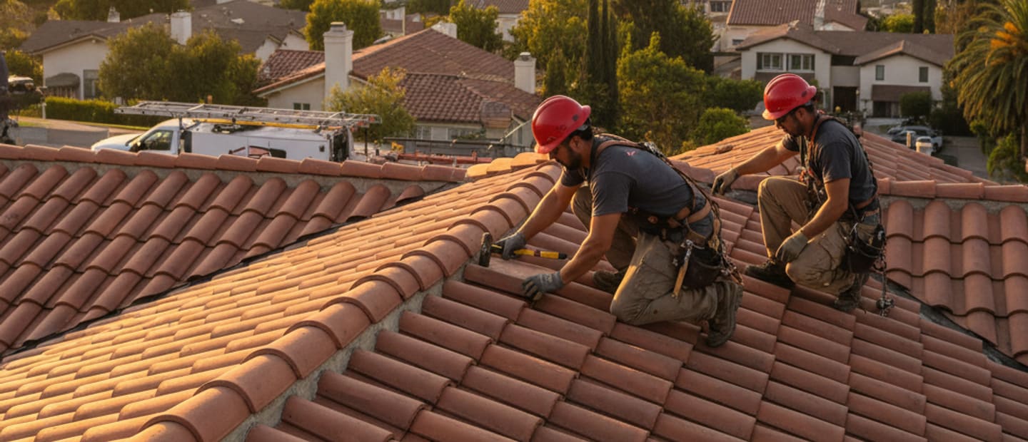 Elegant Spanish tile roof on a Los Angeles residence at sunset