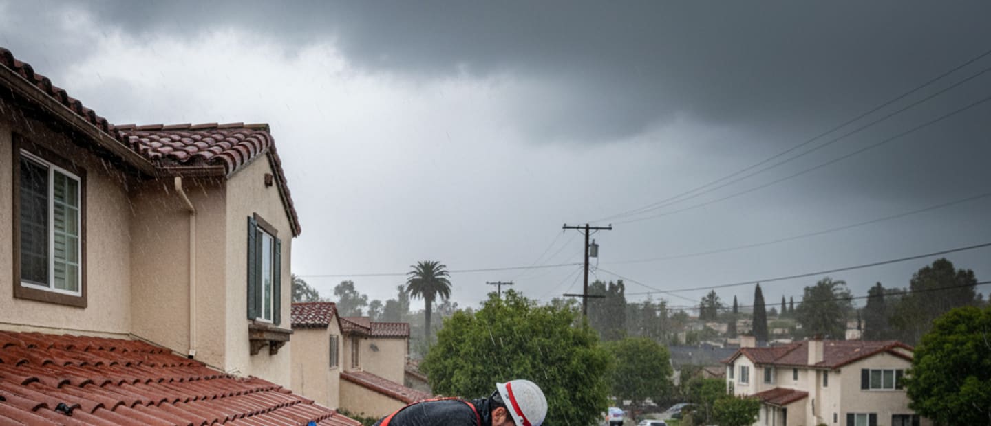 Emergency roof repair crew securing a damaged roof in Alhambra during a storm