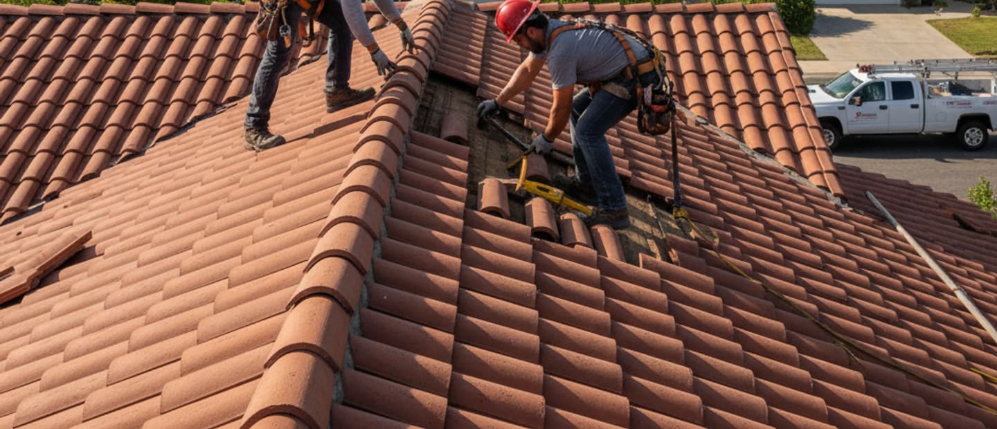 Roofing contractors working on a damaged roof with a view of Arcadia homes in the background.