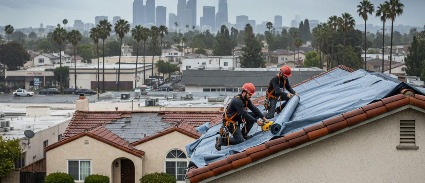 Emergency roof repair crew securing a damaged roof in Los Angeles