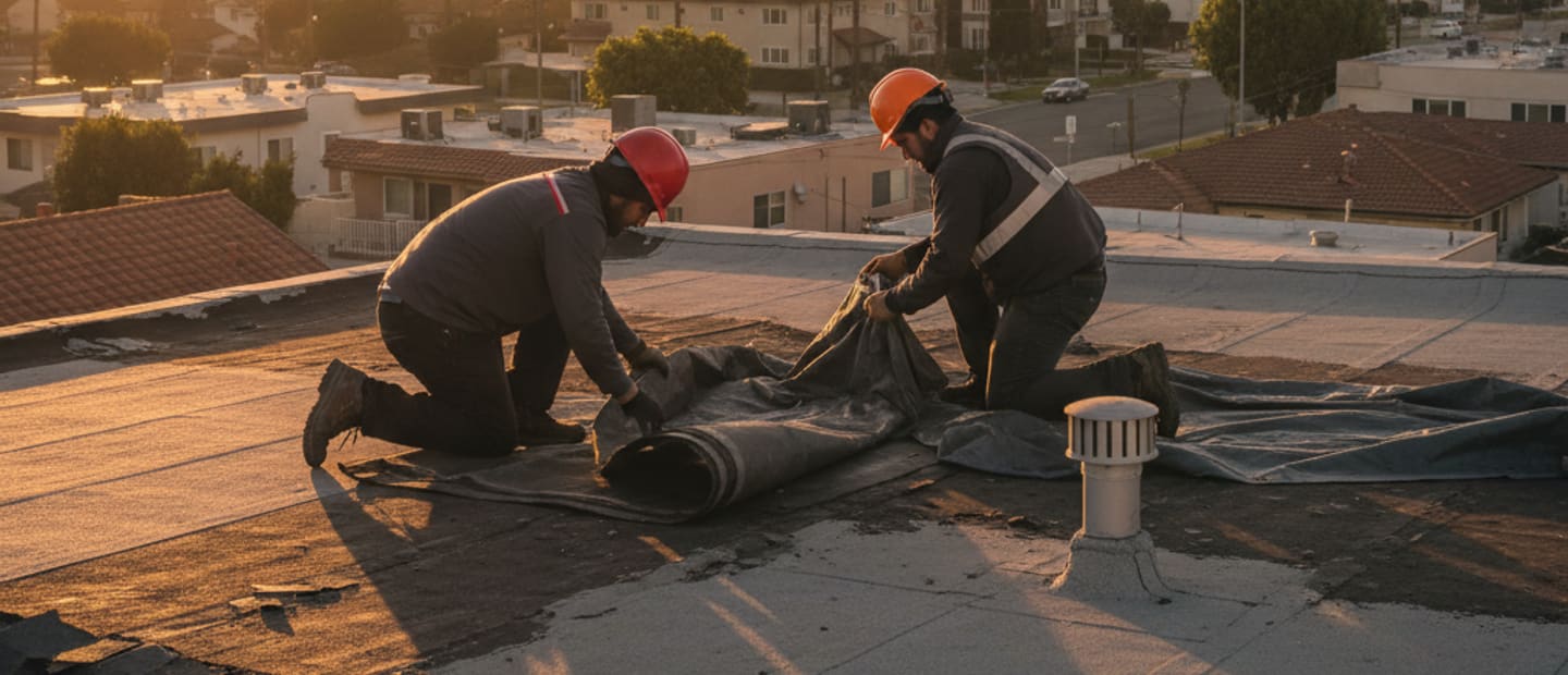 Roofing crew inspecting a damaged roof in North Hollywood at sunrise