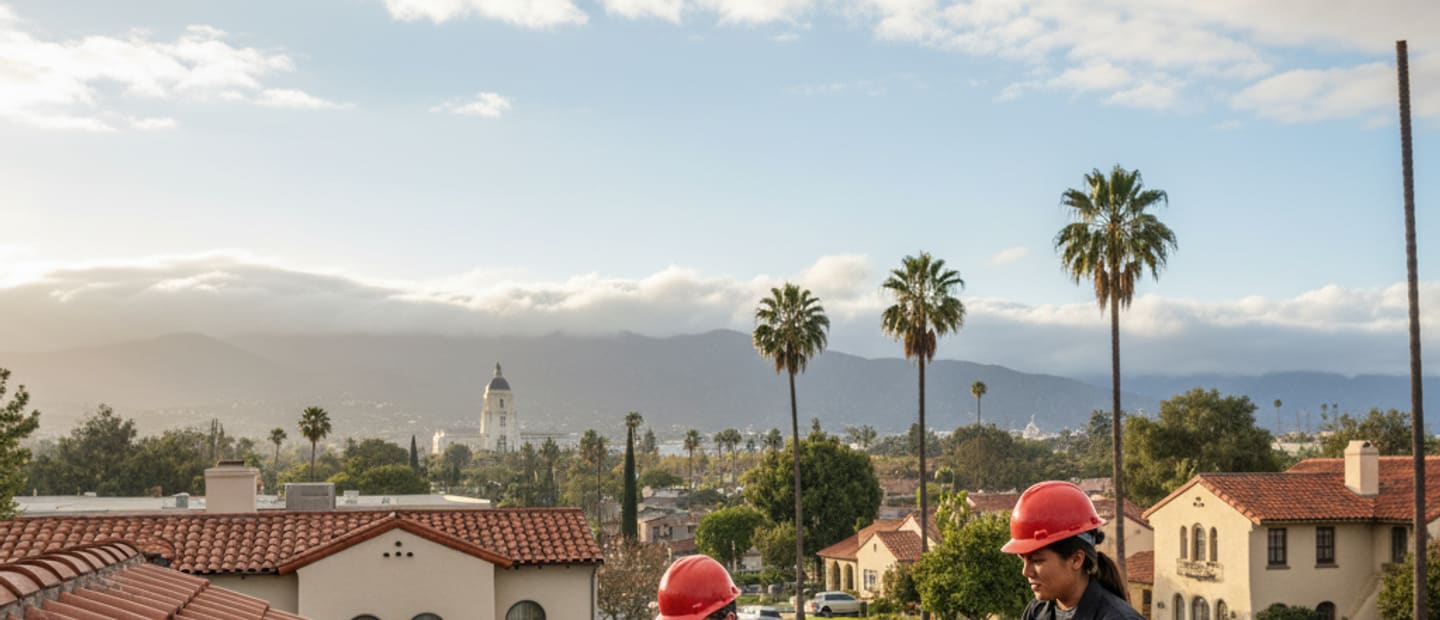 Emergency roof repair crew securing a damaged roof in Pasadena after a storm