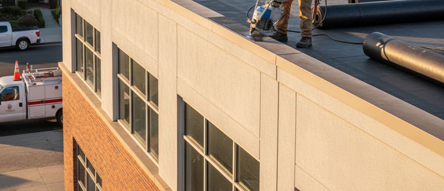 Modern building in Alhambra with a newly installed flat roof