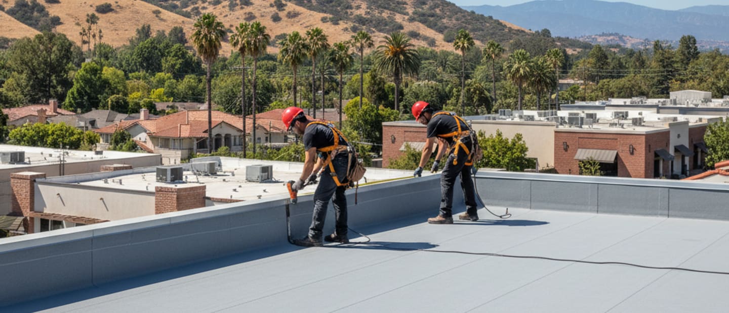 Modern commercial building with a newly installed flat roof in Arcadia, showcasing its clean lines and functional design.