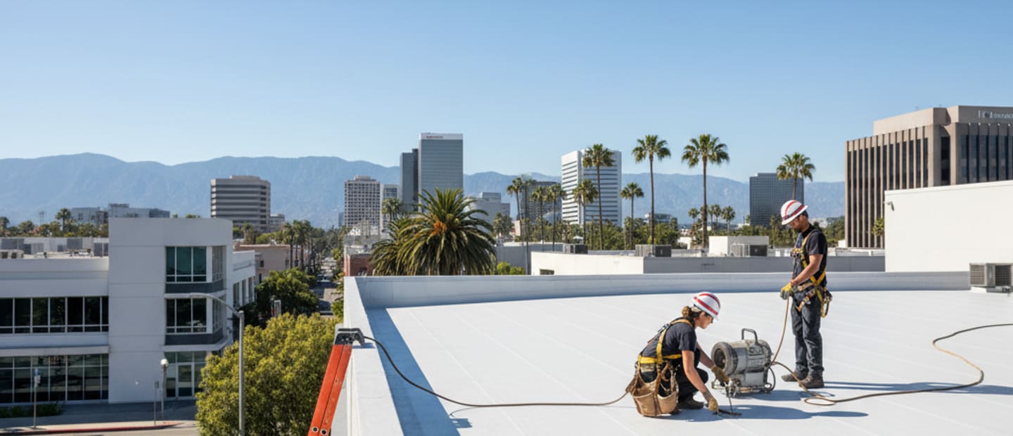 A modern building in Burbank with a freshly installed, pristine flat roof, showcasing urban architecture.