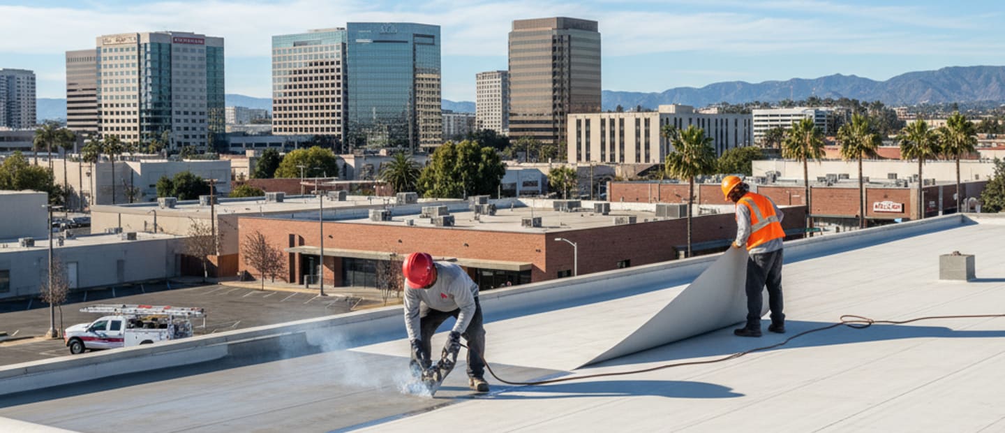 Modern flat roof on a commercial building in Glendale with blue skies.