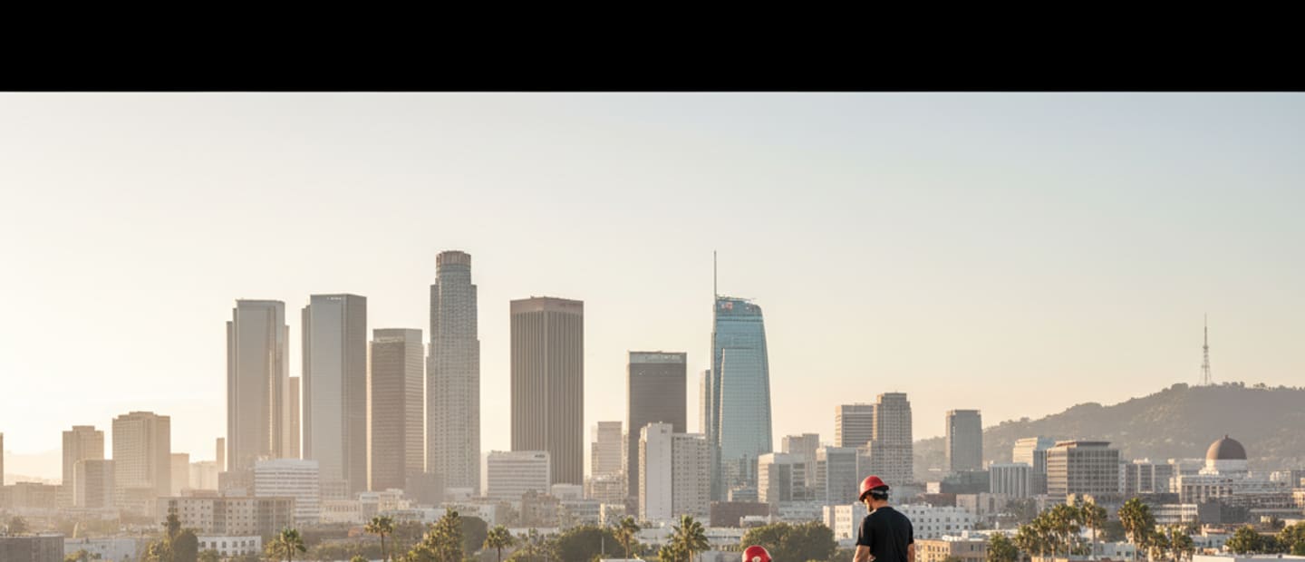 Sleek flat roof on a modern Los Angeles building with city skyline in background